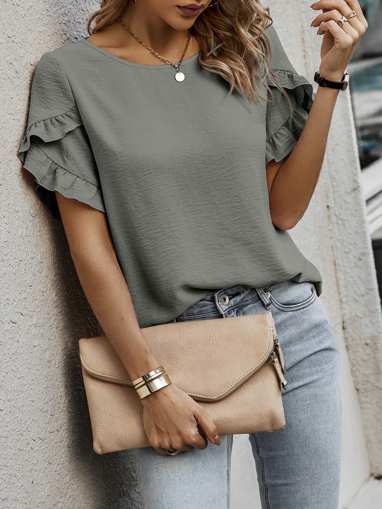 Cap Sleeve Blouse with Solid Color and Ruffled Trim