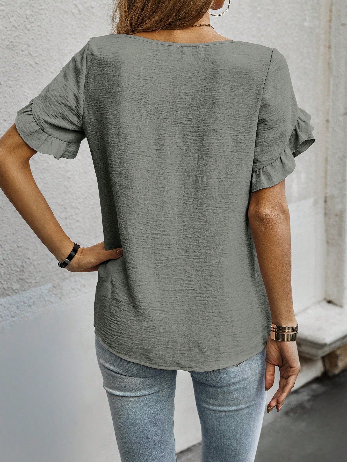 Cap Sleeve Blouse with Solid Color and Ruffled Trim