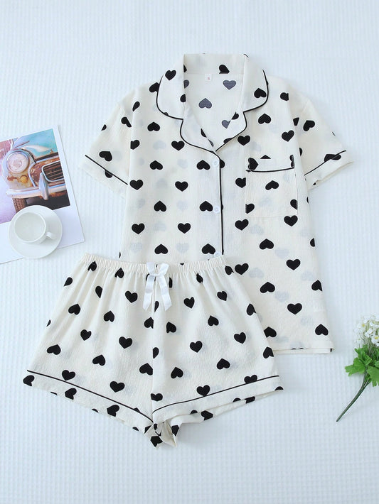 Set of Women's Summer Sleepwear with Black Heart Print, Contrast-Color Trim Buttoned Short Sleeve Top, and Bowknot Shorts, Perfect for Home Wear