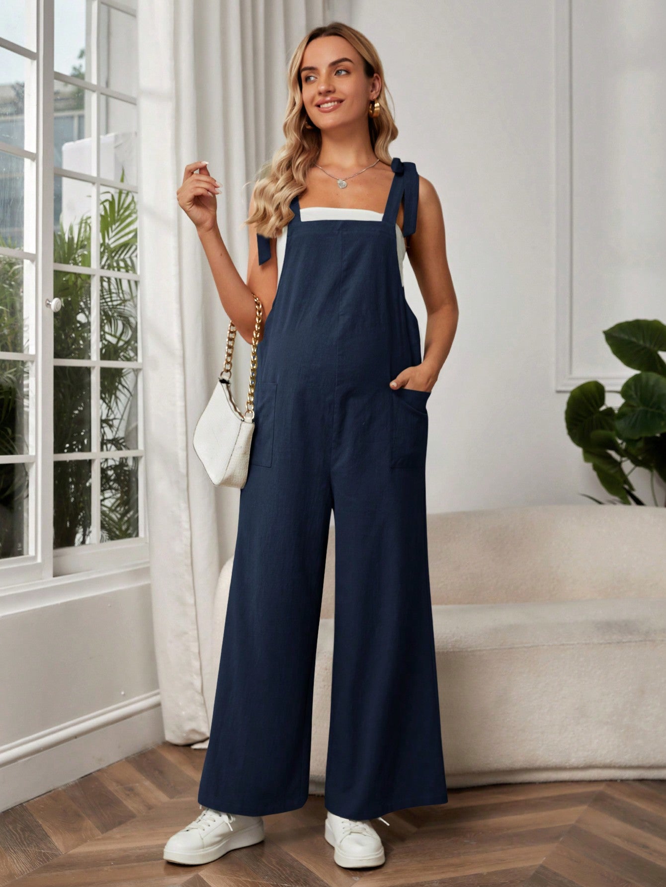 Maternity Jumpsuit with Front Pockets and Knot Shoulder Straps