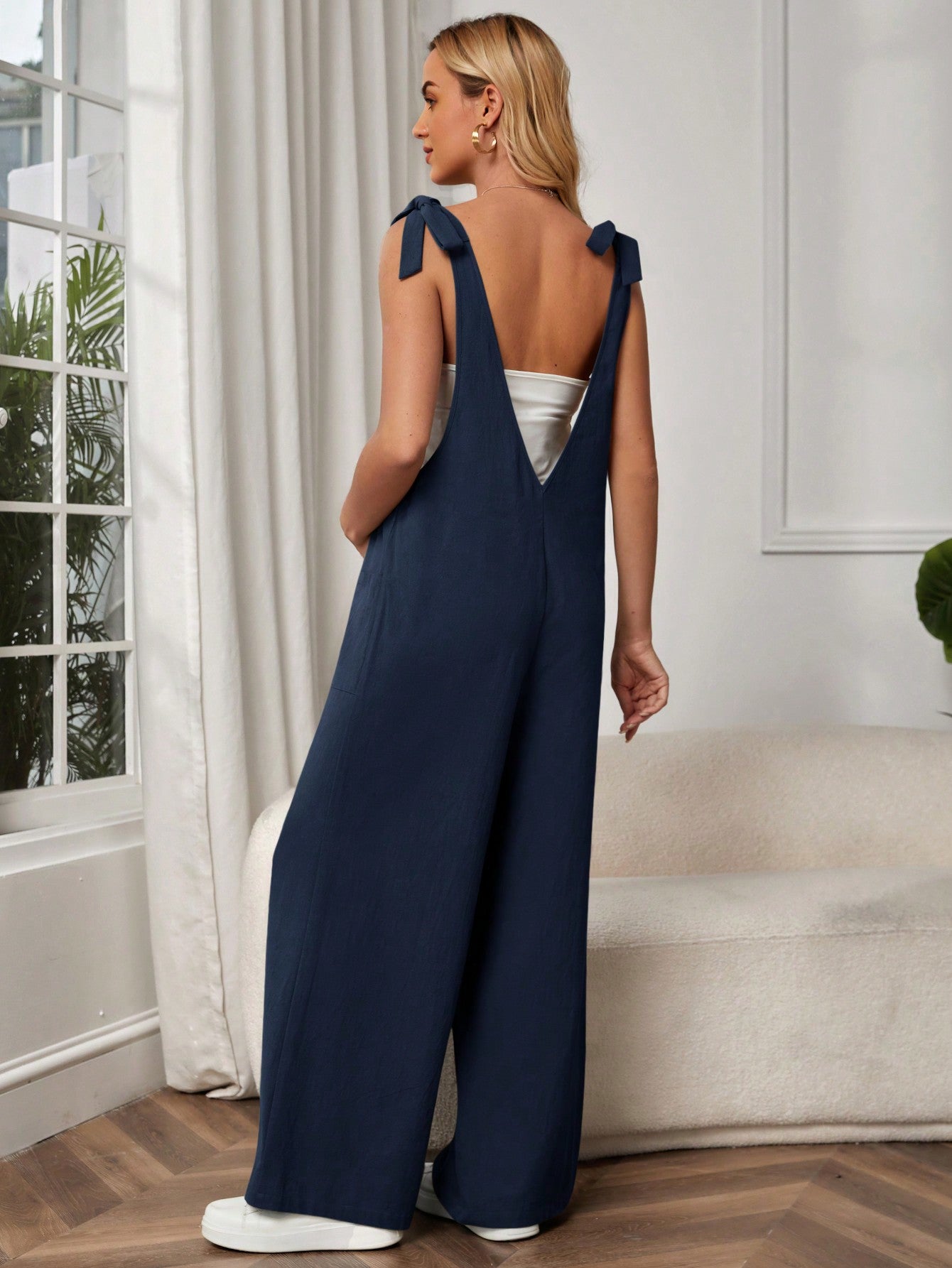 Maternity Jumpsuit with Front Pockets and Knot Shoulder Straps