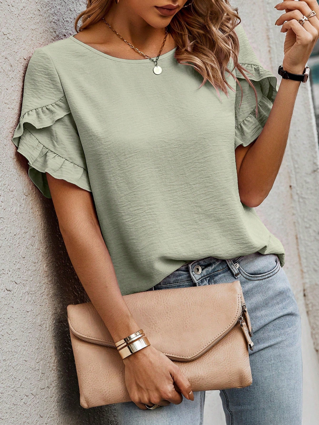 Cap Sleeve Blouse with Solid Color and Ruffled Trim