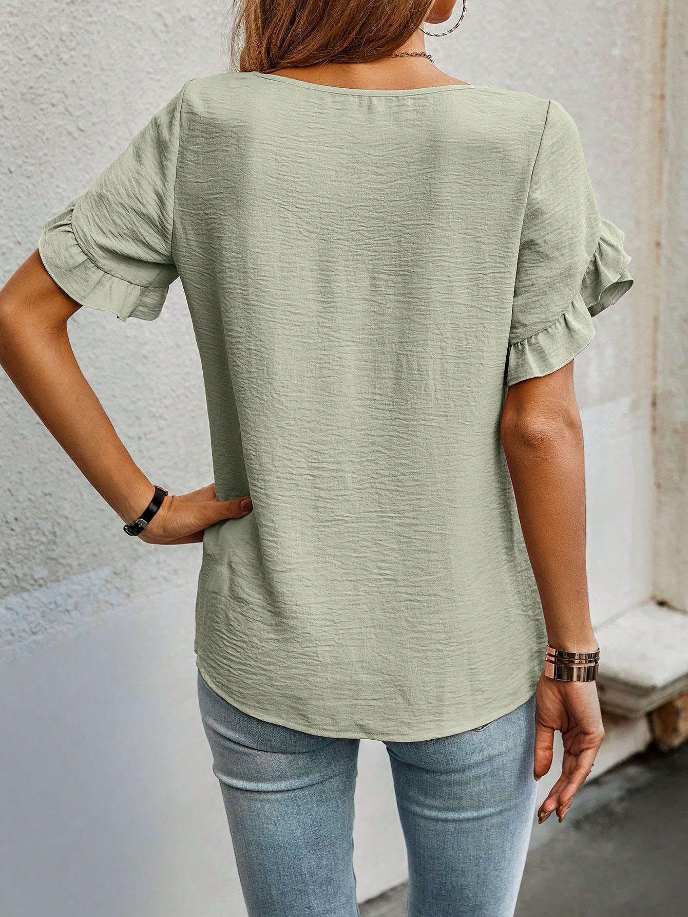 Cap Sleeve Blouse with Solid Color and Ruffled Trim