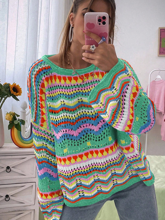 Vibrant Wave Pattern Women's Sweater with Relaxed Drop Shoulder Fit, Ideal for Vacation