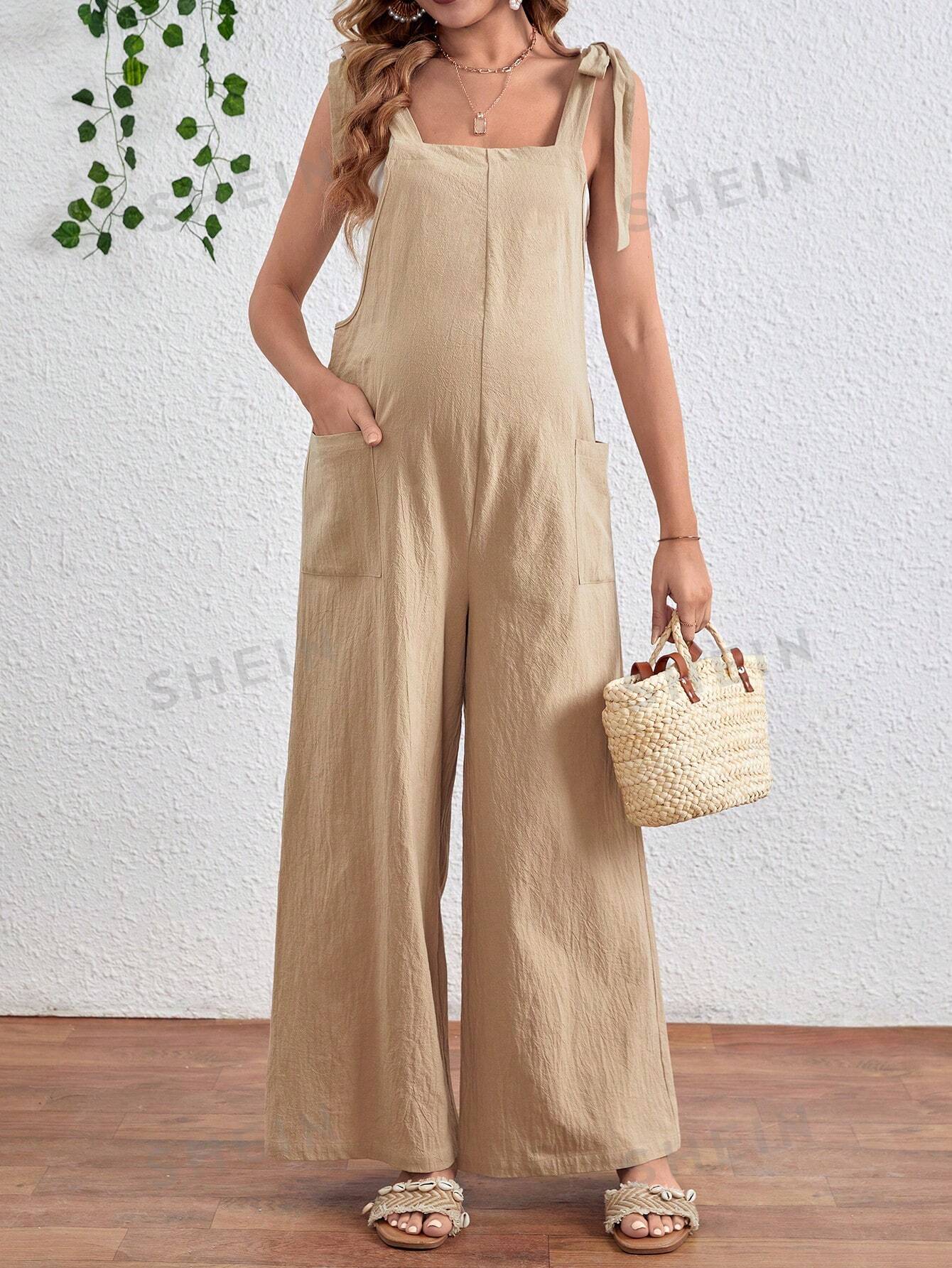 Maternity Jumpsuit with Front Pockets and Knot Shoulder Straps