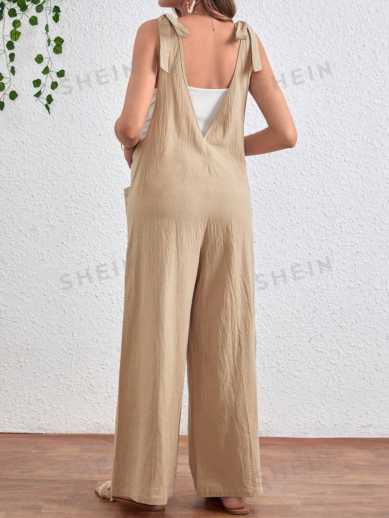 Maternity Jumpsuit with Front Pockets and Knot Shoulder Straps