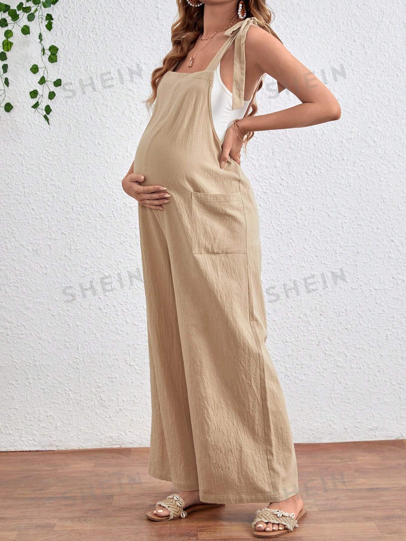 Maternity Jumpsuit with Front Pockets and Knot Shoulder Straps