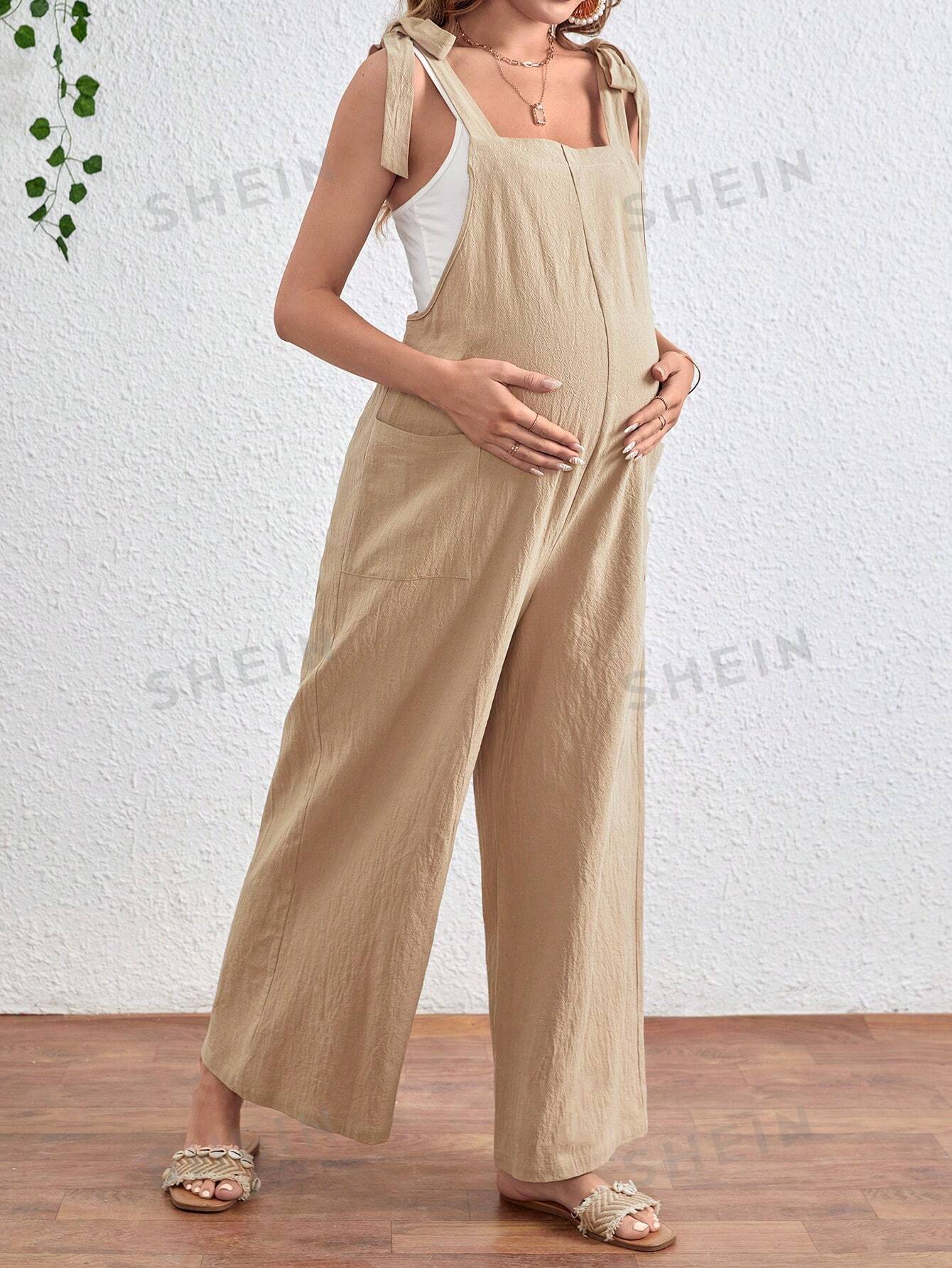 Maternity Jumpsuit with Front Pockets and Knot Shoulder Straps