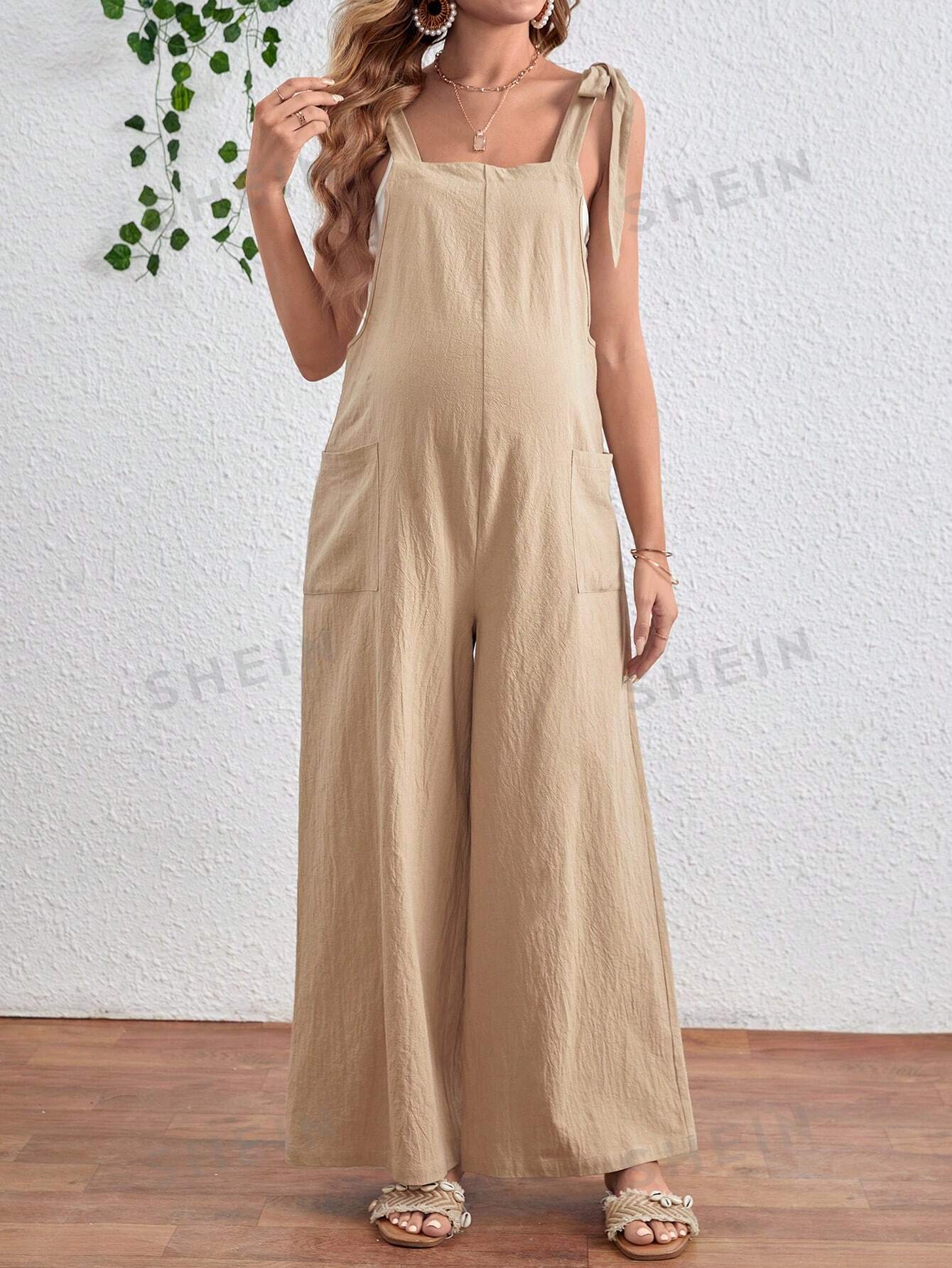 Maternity Jumpsuit with Front Pockets and Knot Shoulder Straps