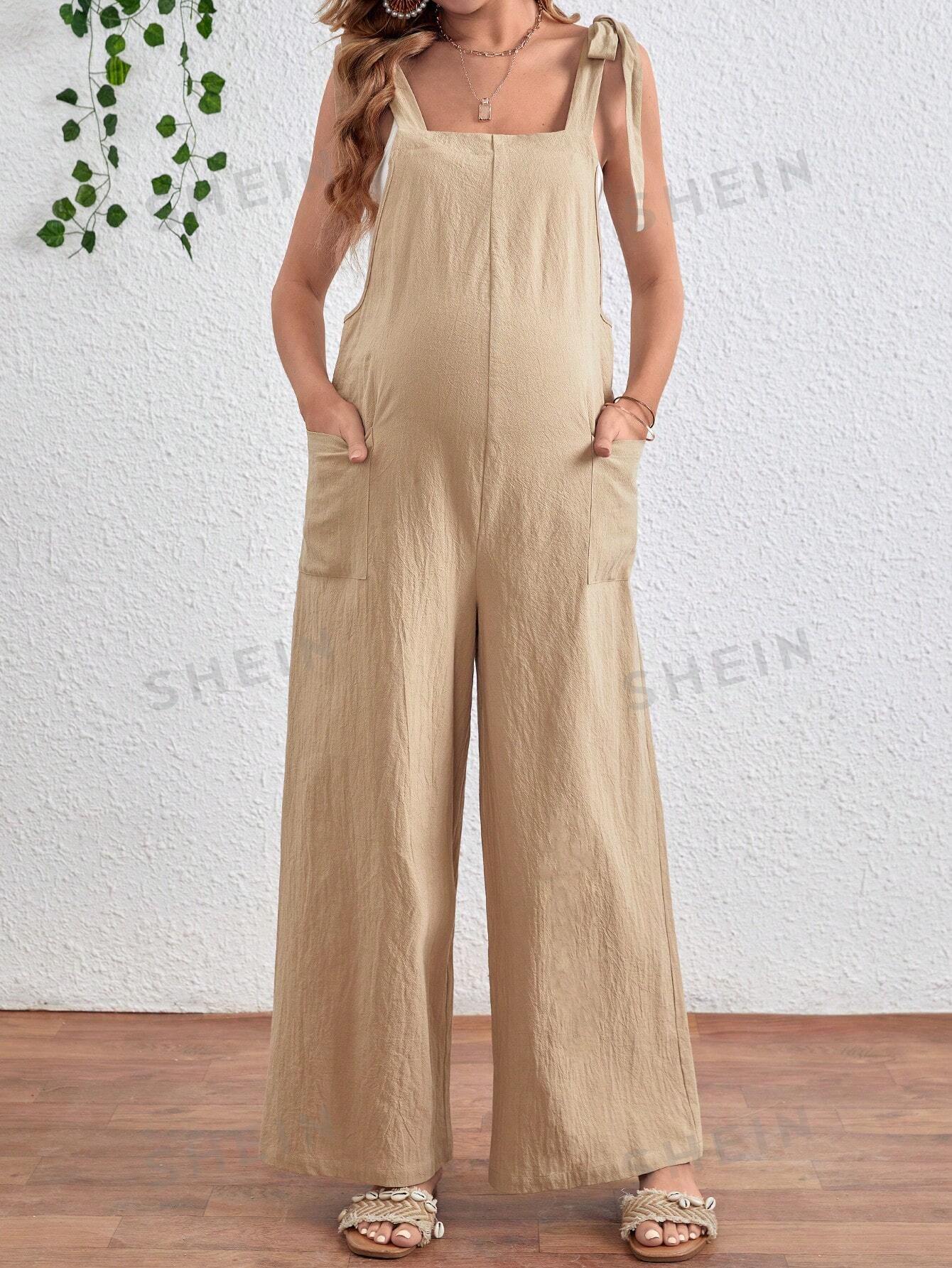 Maternity Jumpsuit with Front Pockets and Knot Shoulder Straps