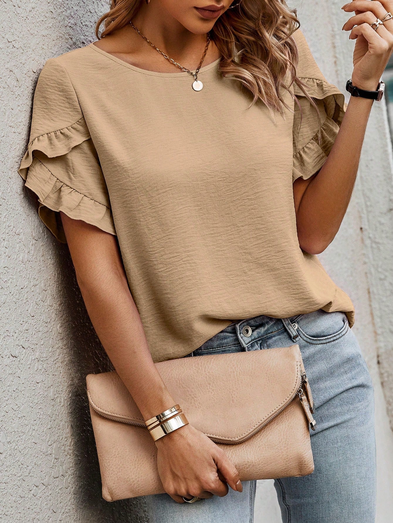 Cap Sleeve Blouse with Solid Color and Ruffled Trim