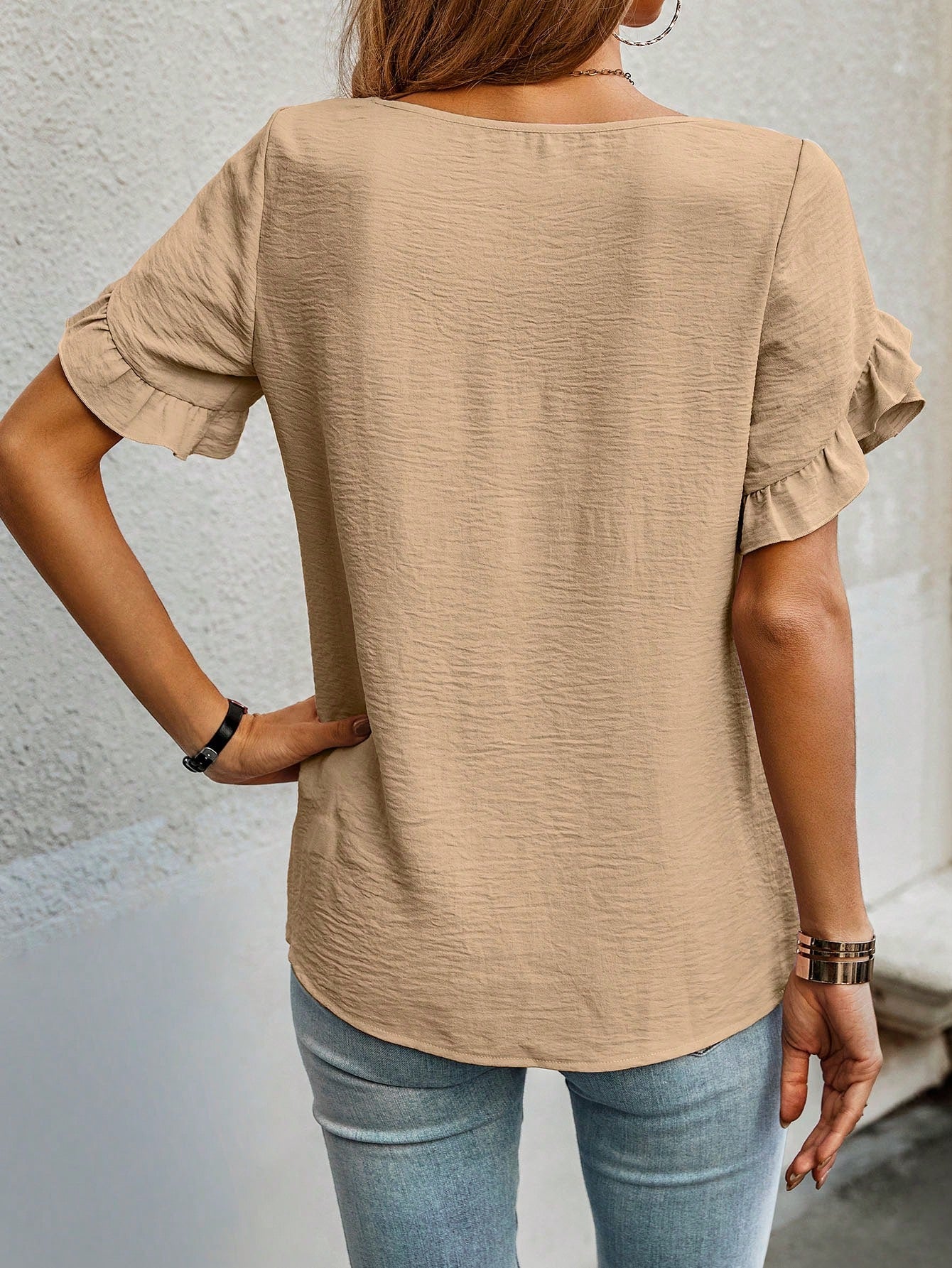 Cap Sleeve Blouse with Solid Color and Ruffled Trim