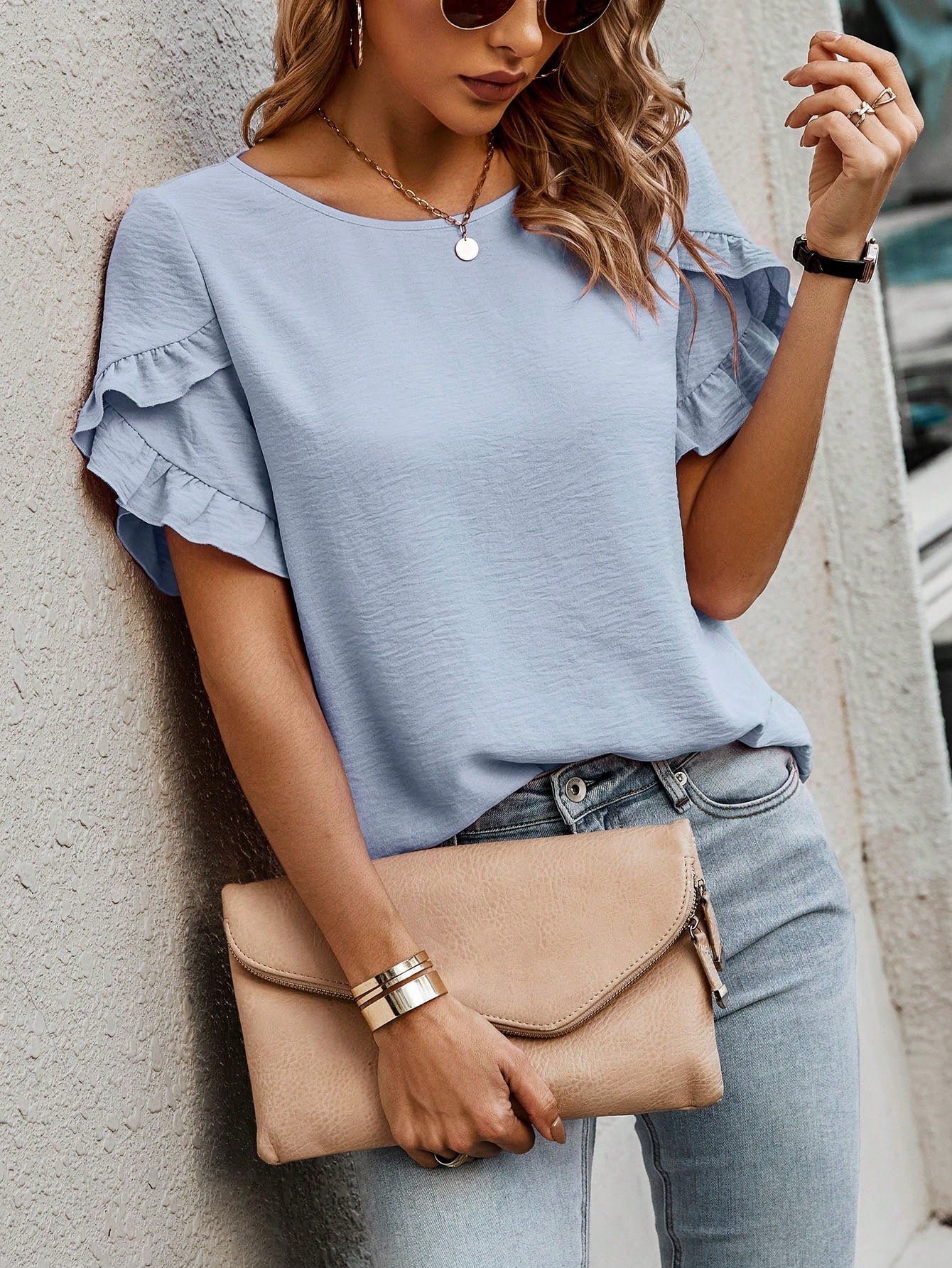 Cap Sleeve Blouse with Solid Color and Ruffled Trim