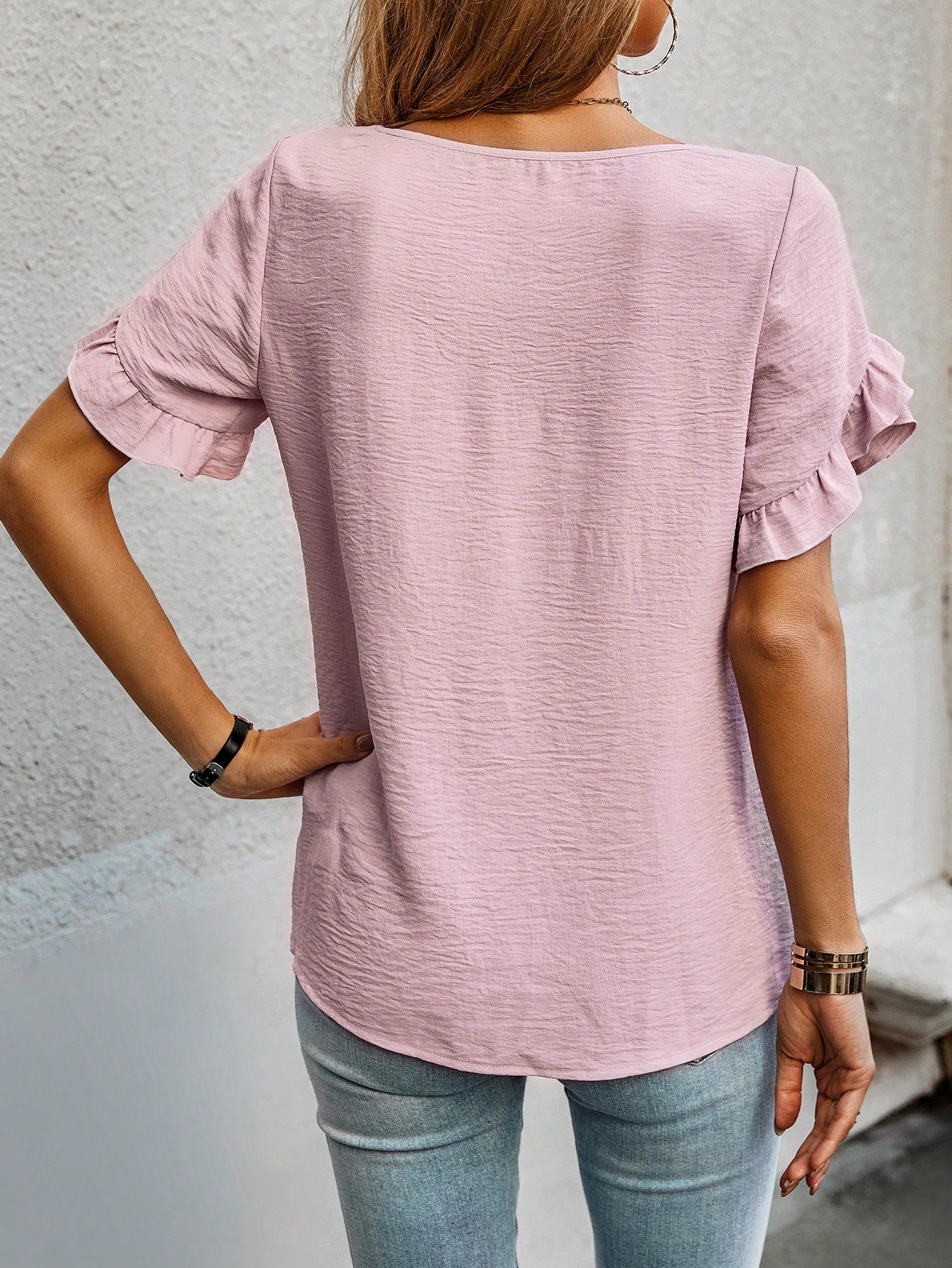 Cap Sleeve Blouse with Solid Color and Ruffled Trim