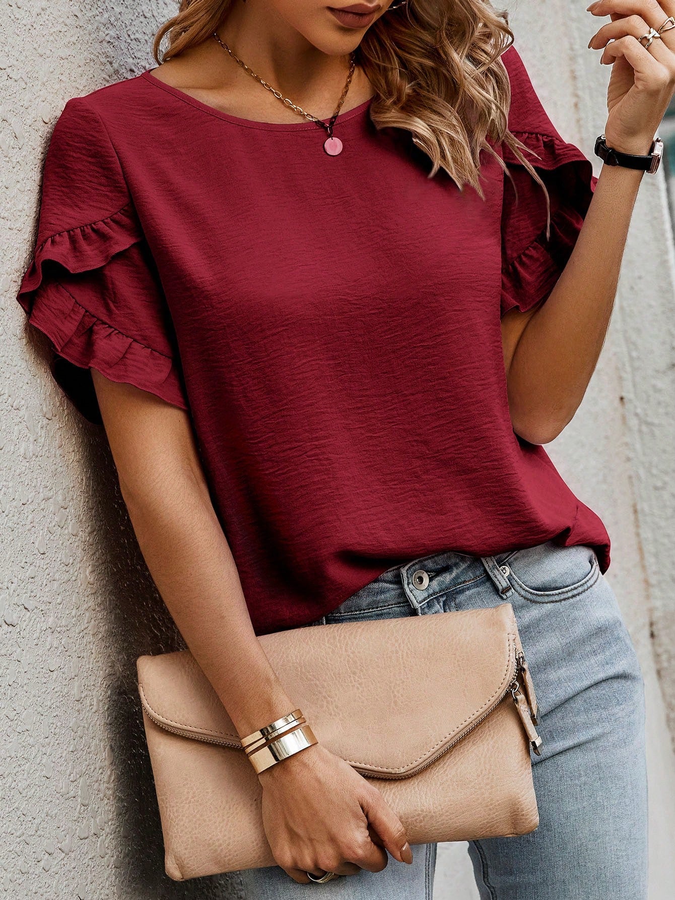 Cap Sleeve Blouse with Solid Color and Ruffled Trim