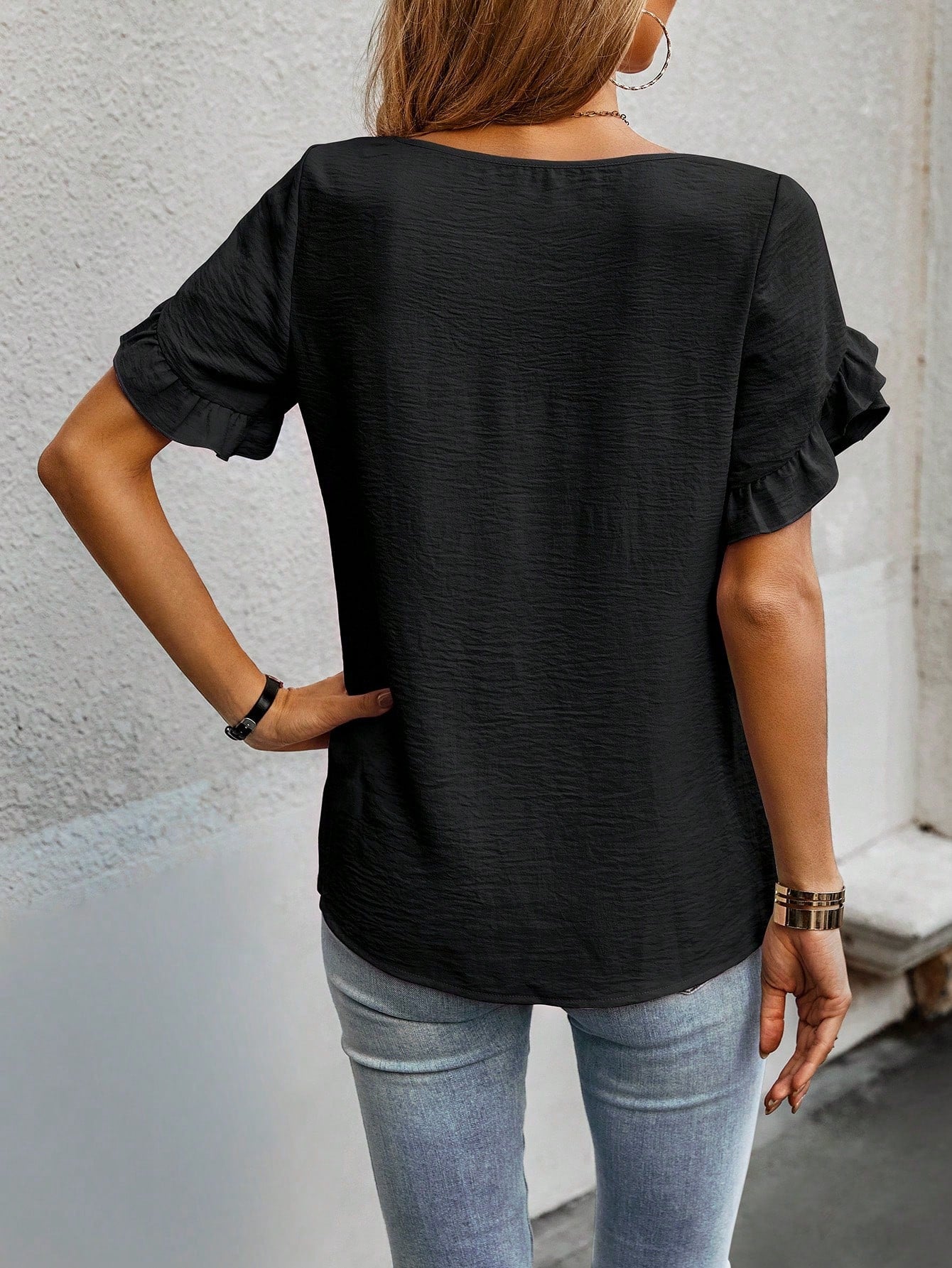 Cap Sleeve Blouse with Solid Color and Ruffled Trim