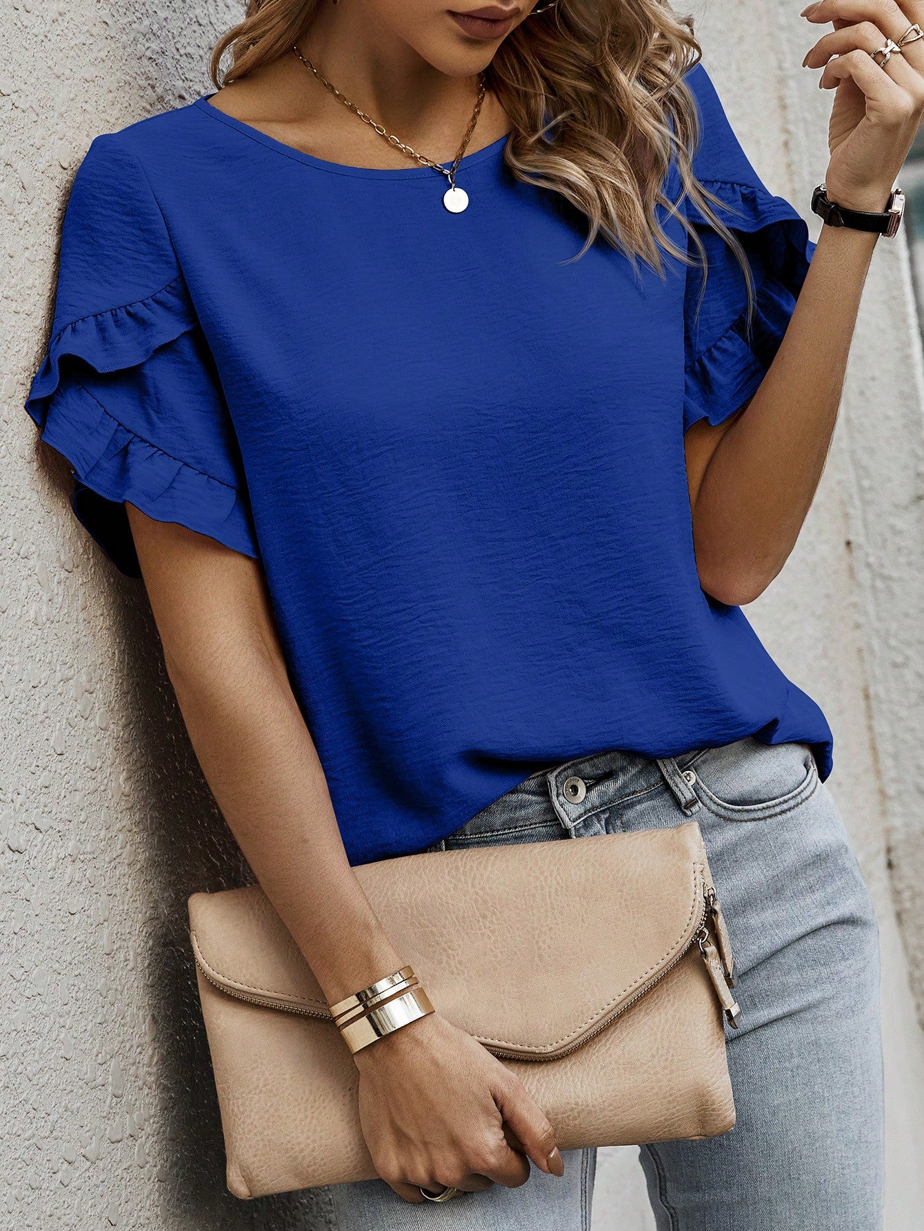 Cap Sleeve Blouse with Solid Color and Ruffled Trim