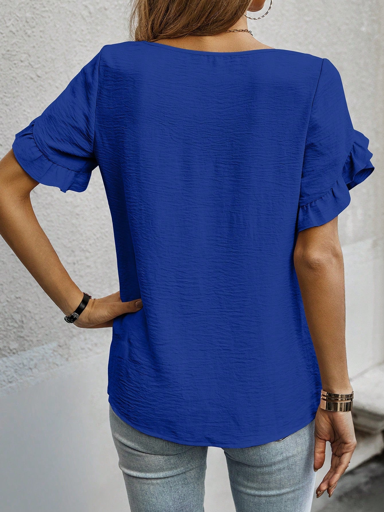 Cap Sleeve Blouse with Solid Color and Ruffled Trim