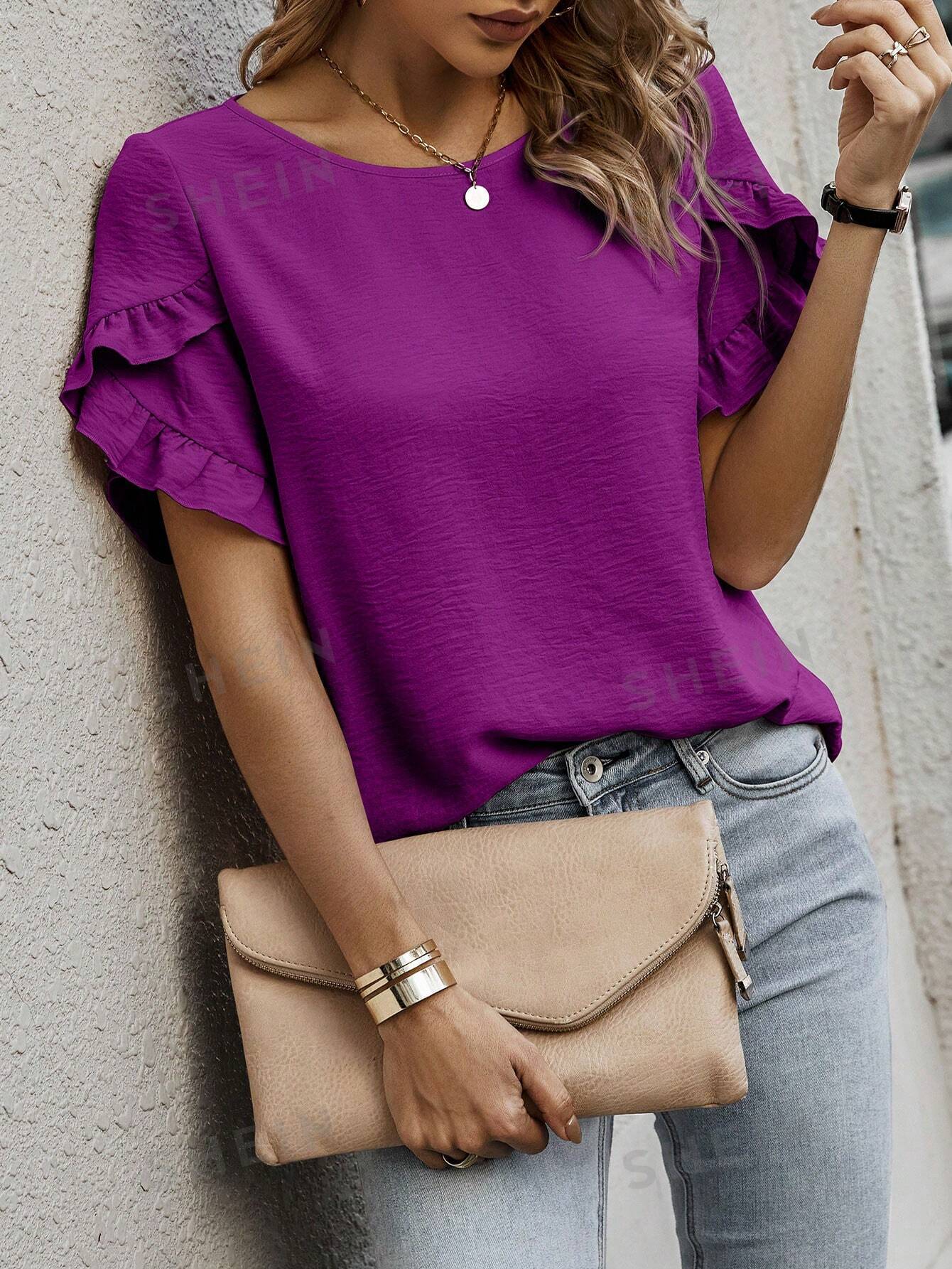 Cap Sleeve Blouse with Solid Color and Ruffled Trim