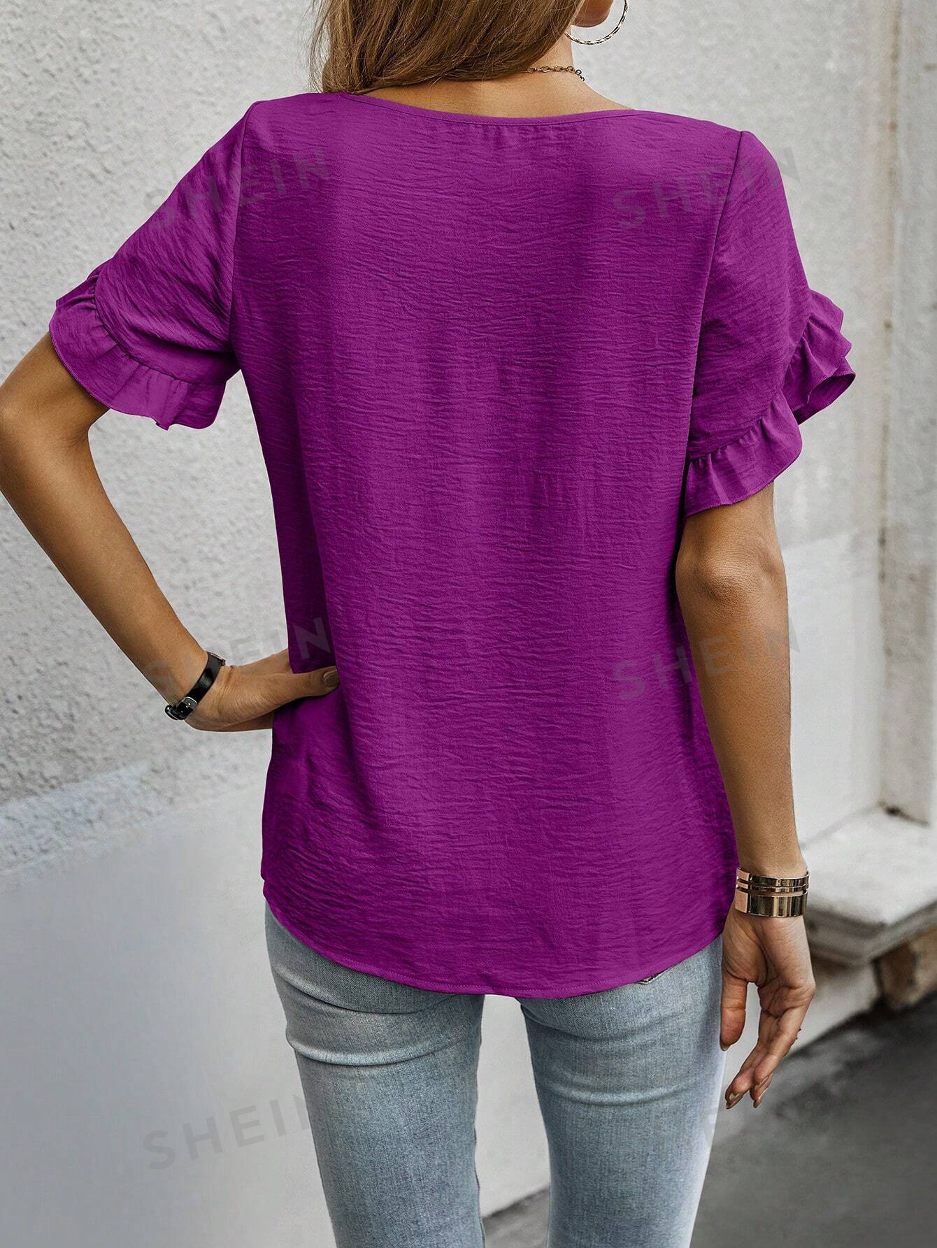 Cap Sleeve Blouse with Solid Color and Ruffled Trim