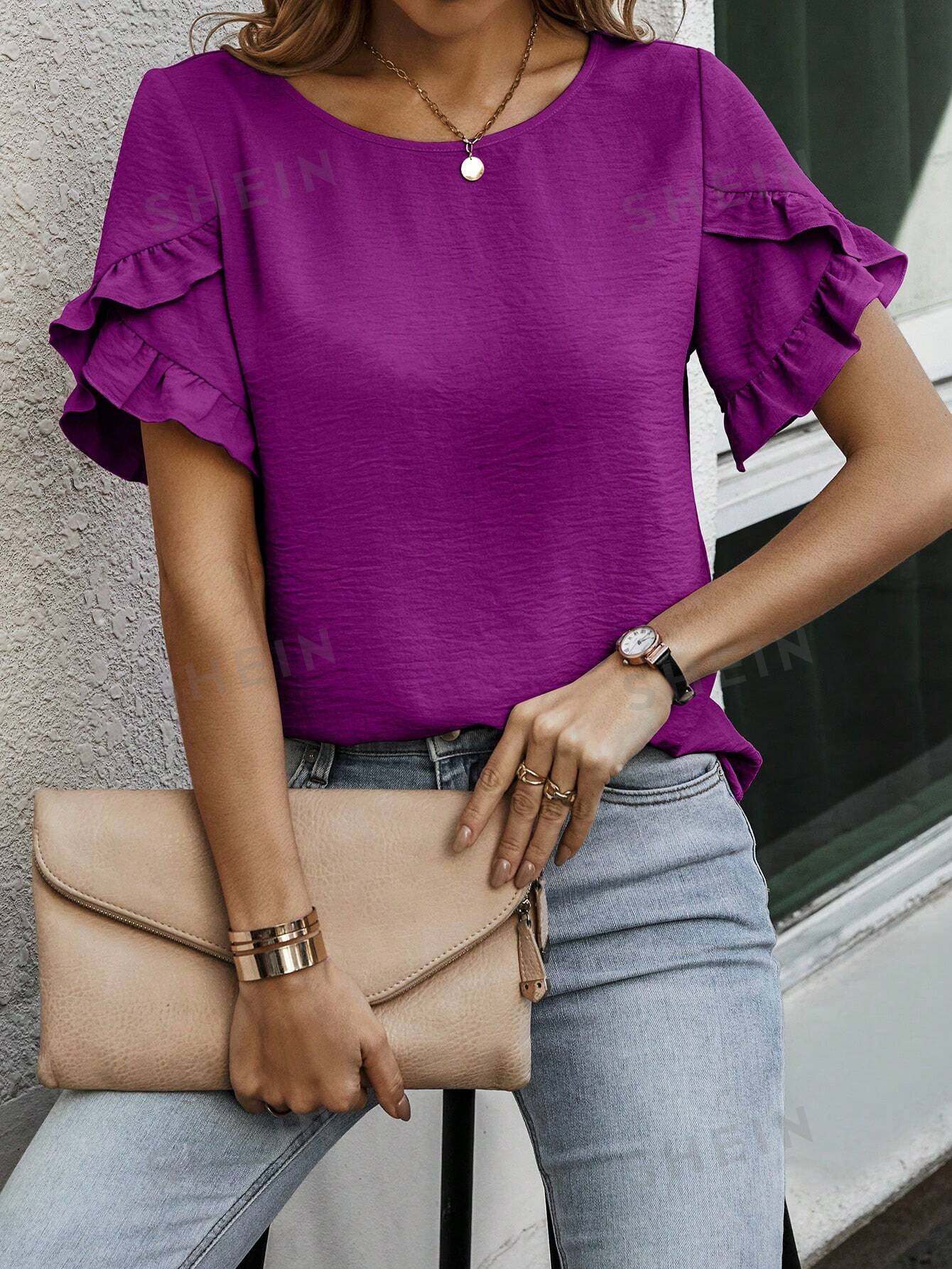 Cap Sleeve Blouse with Solid Color and Ruffled Trim