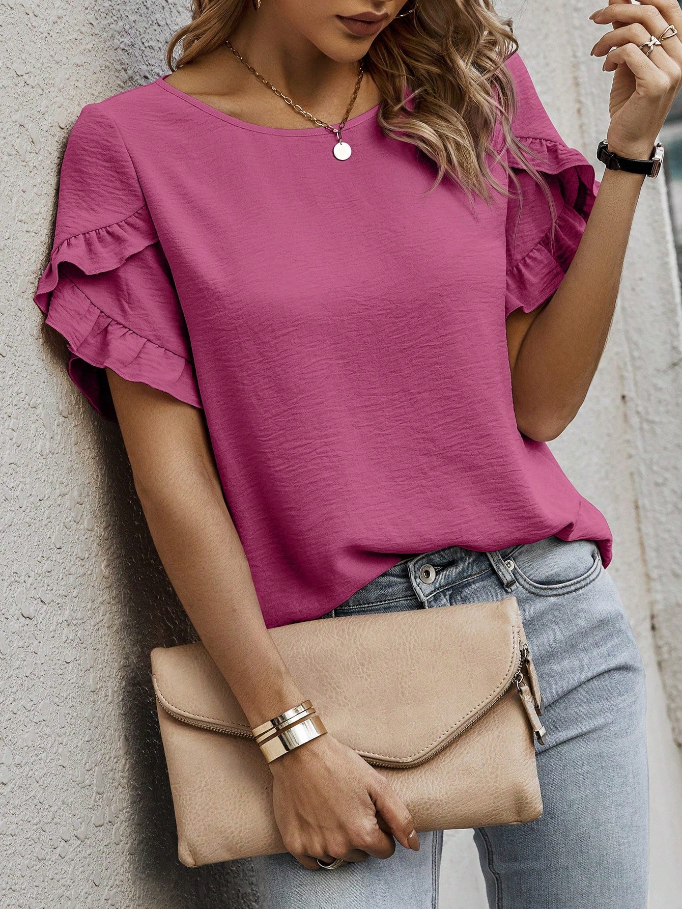 Cap Sleeve Blouse with Solid Color and Ruffled Trim