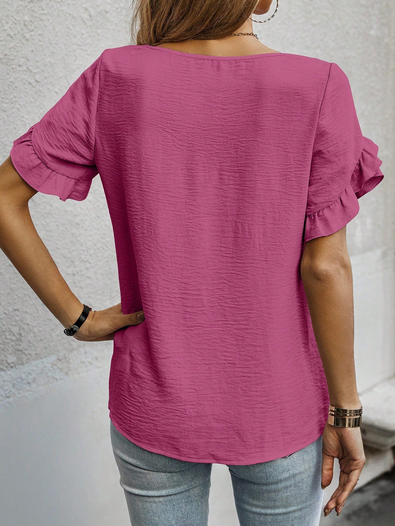 Cap Sleeve Blouse with Solid Color and Ruffled Trim