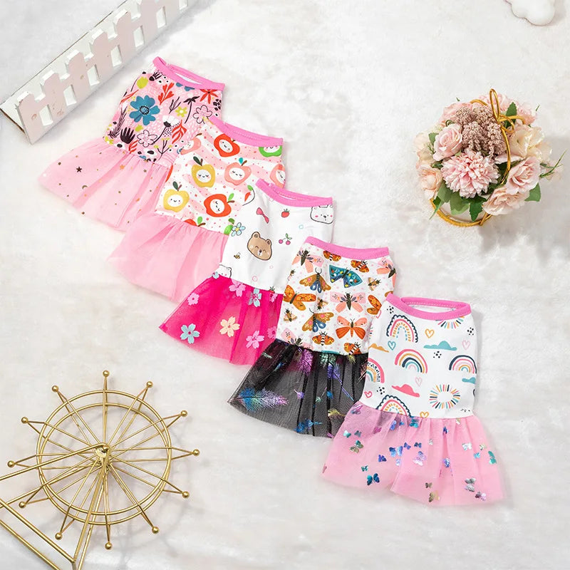 New 2023 Dog Clothes Fashion: Lace Design Dog Cat Dress, Puppy Skirt with Spring Summer Printing Mesh - Stylish Pet Apparel