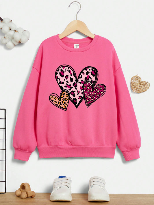 Tween Girl Leopard & Heart Print Drop Shoulder Pullover